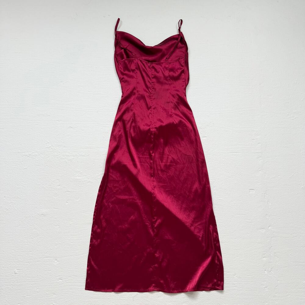 Deep Red Satin Ruched Cowl Neck Midi Dress, Best Fits Small - Picture 7 of 9